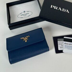 Prada Blue Saffiano Compact Wallet Leather Card Holder